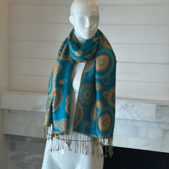 Reversible Turquoise & Brown Circle Print Fringe Pashmina Wrap Scarf or Sarong - Picture 5 of 13